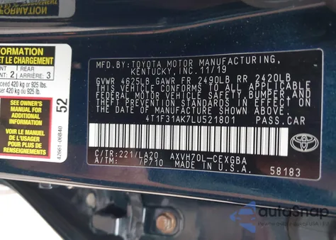 2020 Toyota Camry Xle Hybrid z USA, uszkodzony, nr VIN 4T1F31AK7LU521801